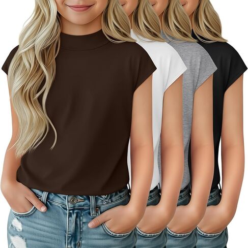 4 Pack Girl's Cap Sleeve Shirts Mock Turtle Neck T-Shirts Soft Casual Tunic Top Stretchy Cute Solid Summer Tees Top in Saudi Arabia