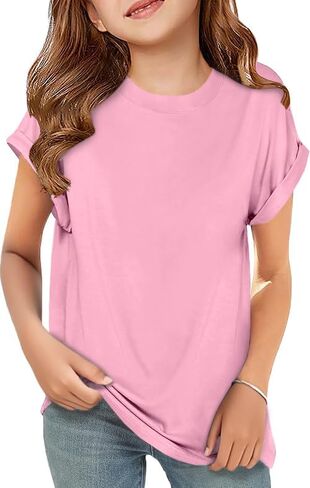 Girls Short Sleeve T Shirts Kids Crewneck Curve Hem Soft Tunic Tops Summer Tees in Kuwait