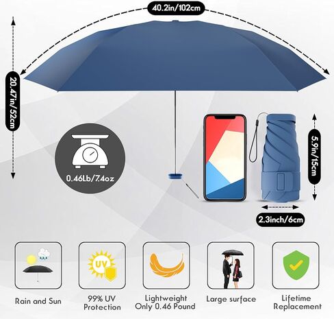 Mini Travel Folding Umbrella for Purse - UPF 50+ Sun & Rain UV Protection, Windproof Small Compact Lightweight Design Fits in Pocket or Bag, Portable Wallet Parasol for Commuter, Men Women （Blue） in Saudi Arabia