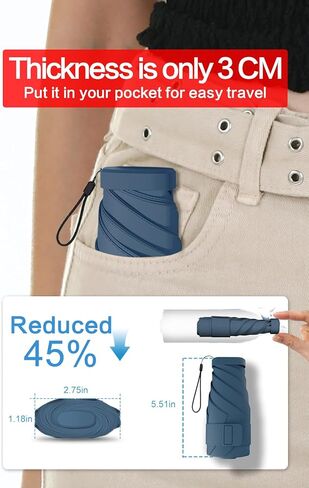 Mini Travel Folding Umbrella for Purse - UPF 50+ Sun & Rain UV Protection, Windproof Small Compact Lightweight Design Fits in Pocket or Bag, Portable Wallet Parasol for Commuter, Men Women （Blue） in Saudi Arabia