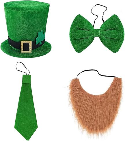 4 Pcs St. Patrick's Day Leprechaun Costume Suit Set Hat Fake Beard Bow Tie Clover Glasses Shamrock Necklace St Patricks Day Accessories in Saudi Arabia