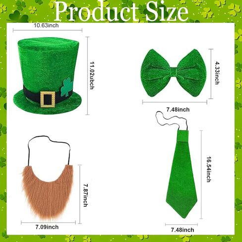 4 Pcs St. Patrick's Day Leprechaun Costume Suit Set Hat Fake Beard Bow Tie Clover Glasses Shamrock Necklace St Patricks Day Accessories in Saudi Arabia