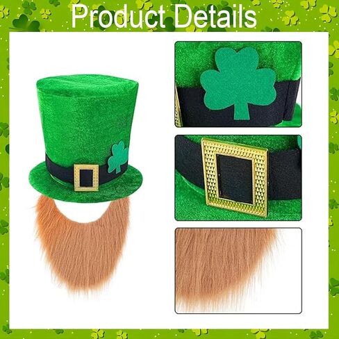 4 Pcs St. Patrick's Day Leprechaun Costume Suit Set Hat Fake Beard Bow Tie Clover Glasses Shamrock Necklace St Patricks Day Accessories in Saudi Arabia