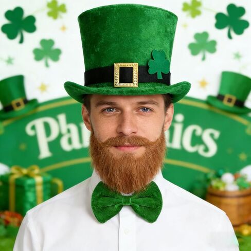 4 Pcs St. Patrick's Day Leprechaun Costume Suit Set Hat Fake Beard Bow Tie Clover Glasses Shamrock Necklace St Patricks Day Accessories in Saudi Arabia