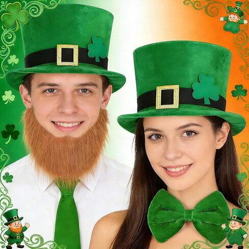 4 Pcs St. Patrick's Day Leprechaun Costume Suit Set Hat Fake Beard Bow Tie Clover Glasses Shamrock Necklace St Patricks Day Accessories in Saudi Arabia