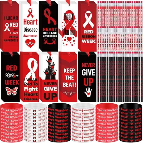 Epakh 180 Pcs Red Ribbon Week Supplies Bulk Include 60 Red Ribbon Awareness Silicone Bracelets 60 Heart Disease Awareness Bookmarks 60 Pencils for School Events Charity Activity in Saudi Arabia