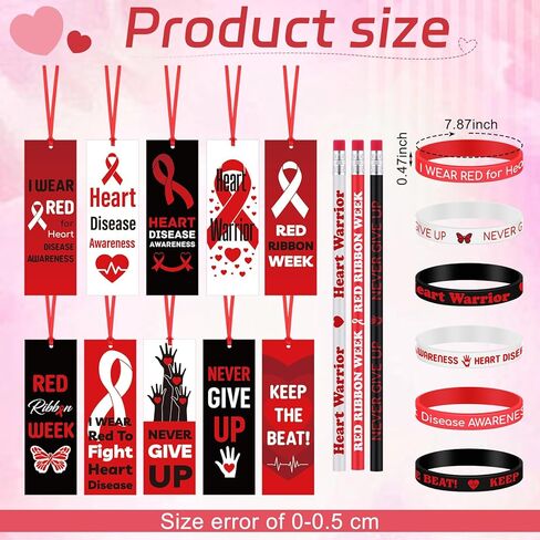Epakh 180 Pcs Red Ribbon Week Supplies Bulk Include 60 Red Ribbon Awareness Silicone Bracelets 60 Heart Disease Awareness Bookmarks 60 Pencils for School Events Charity Activity in Saudi Arabia