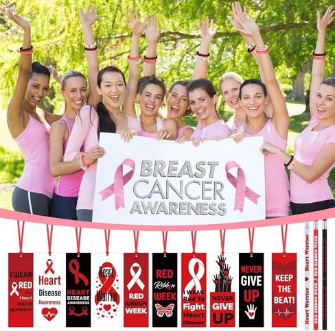 Epakh 180 Pcs Red Ribbon Week Supplies Bulk Include 60 Red Ribbon Awareness Silicone Bracelets 60 Heart Disease Awareness Bookmarks 60 Pencils for School Events Charity Activity in Saudi Arabia
