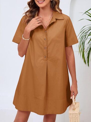Wenrine Womens Oversized Shirt Button Mini Dress Short Sleeve Casual Collared V Neck Summer Flowy Dresses in Saudi Arabia