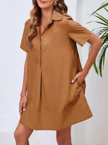 Wenrine Womens Oversized Shirt Button Mini Dress Short Sleeve Casual Collared V Neck Summer Flowy Dresses in Saudi Arabia