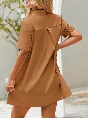 Wenrine Womens Oversized Shirt Button Mini Dress Short Sleeve Casual Collared V Neck Summer Flowy Dresses in Saudi Arabia