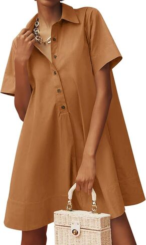 فستان Wenrine نسائي كبير الحجم بأزرار قميص قصير الأكمام كاجوال بياقة على شكل حرف V فساتين صيفية واسعة in Kuwait