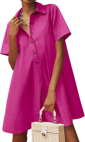 Wenrine Womens Oversized Shirt Button Mini Dress Short Sleeve Casual Collared V Neck Summer Flowy Dresses in Saudi Arabia