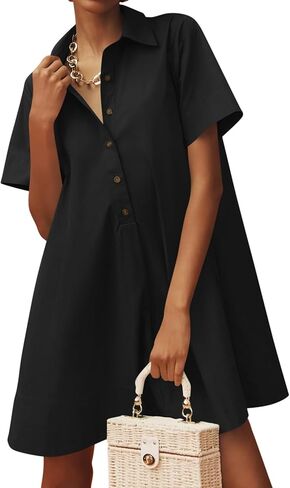 Wenrine Womens Oversized Shirt Button Mini Dress Short Sleeve Casual Collared V Neck Summer Flowy Dresses in Saudi Arabia