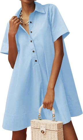 Wenrine Womens Oversized Shirt Button Mini Dress Short Sleeve Casual Collared V Neck Summer Flowy Dresses in Saudi Arabia