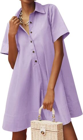 Wenrine Womens Oversized Shirt Button Mini Dress Short Sleeve Casual Collared V Neck Summer Flowy Dresses in Saudi Arabia