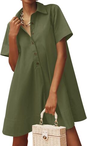 Wenrine Womens Oversized Shirt Button Mini Dress Short Sleeve Casual Collared V Neck Summer Flowy Dresses in Saudi Arabia
