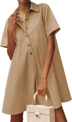 Wenrine Womens Oversized Shirt Button Mini Dress Short Sleeve Casual Collared V Neck Summer Flowy Dresses in Saudi Arabia