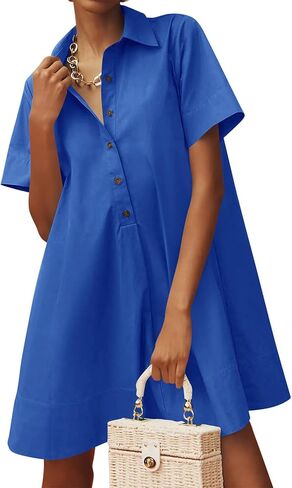 Wenrine Womens Oversized Shirt Button Mini Dress Short Sleeve Casual Collared V Neck Summer Flowy Dresses in Saudi Arabia