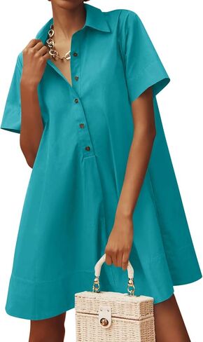 Wenrine Womens Oversized Shirt Button Mini Dress Short Sleeve Casual Collared V Neck Summer Flowy Dresses in Saudi Arabia
