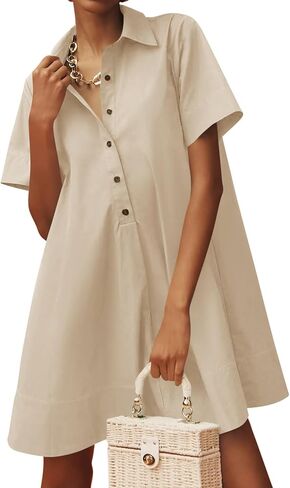 Wenrine Womens Oversized Shirt Button Mini Dress Short Sleeve Casual Collared V Neck Summer Flowy Dresses in Saudi Arabia
