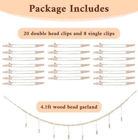 Hanging Photo Display with Clip, 49 Inch Boho Wooden Photo String with 20 Double Head Clips and 8 Single Clips for Bedroom Living Room Dorm Office Decor in Saudi Arabia