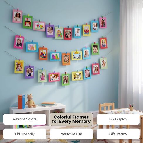 Juvale Paper Picture Frames 4x6 with Clips & String, 100 Pack DIY Hanging Photo Display, Cardboard Frames for Birthday Banners, Graduation, Wall Decor, Classroom Crafts, Photo Garland (10 Colors) in Saudi Arabia