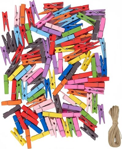 100Pack 1.38 Inch Wood Clips, Mini Wooden Clamps with Jute Twine for Crafts, Photos, DIY, Wedding Decor，Festival Decorations， Mural Decoration etc (Multicolor) in Saudi Arabia
