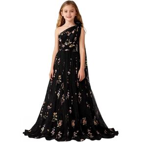 Embroidery Tulle Flower Girl Dresses for Wedding One Shoulder Prom Dress for Teens Junior Bridesmaid Dress in Kuwait