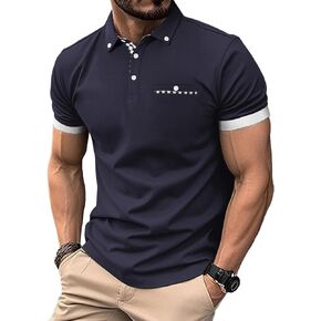 Mens Casual Short Sleeve Summer Polos Plaid Splice Fashion Button Cotton T-Shirt Golf Tennis Tops in Saudi Arabia