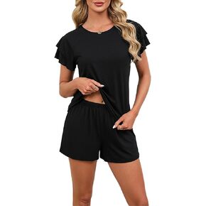 طقم بيجامة نسائي صيفي بأكمام قصيرة ورقبة دائرية وأكمام مكشكشة من Anjue in Kuwait