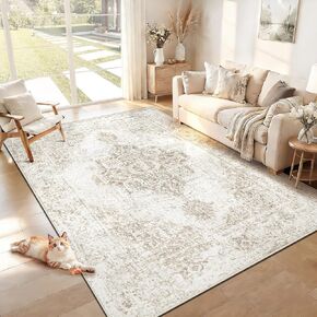 8x10 Area Rugs for Living Room, Washable Vintage Boho Neutral Medallion Rug Non Slip Low Pile Floor Carpet for Bedroom Dining Room Home Office (Beige, 8'x10') in Saudi Arabia