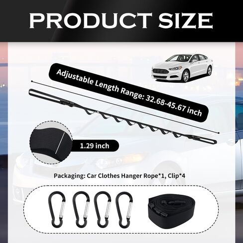 32.68"-45.67" Adjustable Car Clothes Hanger Bar as Lanyard,Wider Clothes Rack for Car with Segmented Design & Reinforced Snap Fastener,High Load Capacity Cars Hanger Bar with Clips in Saudi Arabia