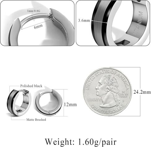 Pure Titanium Silver and Black Round Hoop Huggie Earrings 4mm*13mm in Saudi Arabia