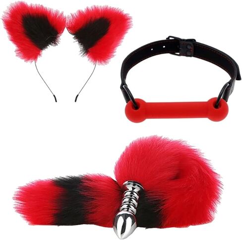 3 Pcs Stainless Steel Anal Butt Plug Adult Toys Set, Set Toys Furry Fox Tail Anal Plug Ears Headband Gag Ball, Flirting SM Adult Couple Games Toys (Red B) in Kuwait