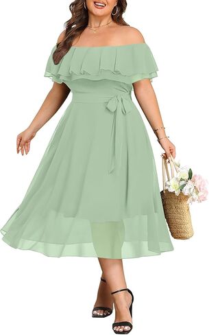 Plus Size Dresses Wedding Guest - Formal Ruffle Off The Shoulder Cocktail Chiffon A-Line Midi Dress Curvy Women in Saudi Arabia