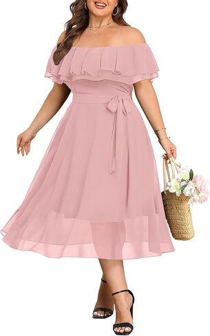 Plus Size Dresses Wedding Guest - Formal Ruffle Off The Shoulder Cocktail Chiffon A-Line Midi Dress Curvy Women in Saudi Arabia