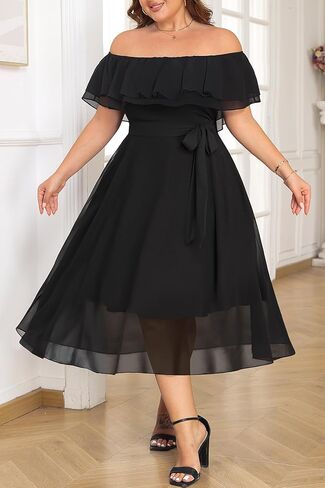 Plus Size Dresses Wedding Guest - Formal Ruffle Off The Shoulder Cocktail Chiffon A-Line Midi Dress Curvy Women in Saudi Arabia