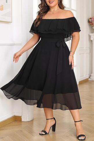 Plus Size Dresses Wedding Guest - Formal Ruffle Off The Shoulder Cocktail Chiffon A-Line Midi Dress Curvy Women in Saudi Arabia