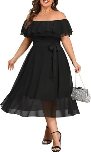 Plus Size Dresses Wedding Guest - Formal Ruffle Off The Shoulder Cocktail Chiffon A-Line Midi Dress Curvy Women in Saudi Arabia