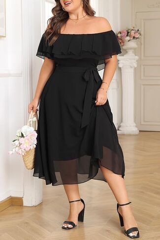 Plus Size Dresses Wedding Guest - Formal Ruffle Off The Shoulder Cocktail Chiffon A-Line Midi Dress Curvy Women in Saudi Arabia