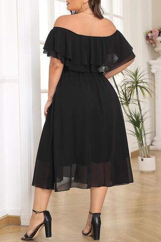 Plus Size Dresses Wedding Guest - Formal Ruffle Off The Shoulder Cocktail Chiffon A-Line Midi Dress Curvy Women in Saudi Arabia