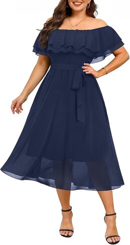 Plus Size Dresses Wedding Guest - Formal Ruffle Off The Shoulder Cocktail Chiffon A-Line Midi Dress Curvy Women in Saudi Arabia