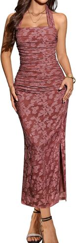 فستان DRESSTELLS النسائي ذو الرسن الزهري بدون ظهر طويل مكشكش لحفلات الزفاف وحفلات الكوكتيل in Saudi Arabia