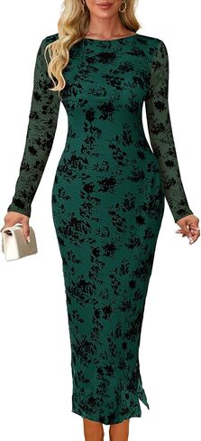 MITILLY Women Floral Bodycon Midi Dress 2025 Fall Elegant Mesh Long Sleeve Split Wedding Guest Cocktail Formal Dresses in Saudi Arabia