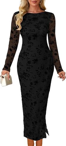 MITILLY Women Floral Bodycon Midi Dress 2025 Fall Elegant Mesh Long Sleeve Split Wedding Guest Cocktail Formal Dresses in Saudi Arabia