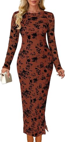 MITILLY Women Floral Bodycon Midi Dress 2025 Fall Elegant Mesh Long Sleeve Split Wedding Guest Cocktail Formal Dresses in Saudi Arabia