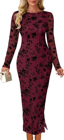 MITILLY Women Floral Bodycon Midi Dress 2025 Fall Elegant Mesh Long Sleeve Split Wedding Guest Cocktail Formal Dresses in Saudi Arabia