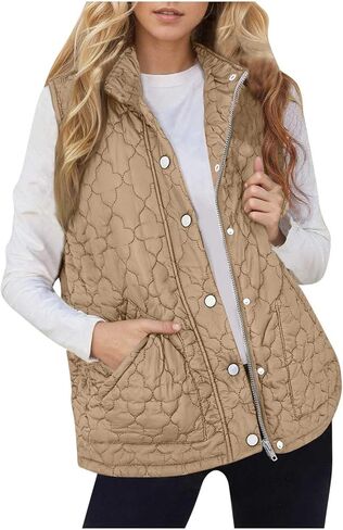 سترة منتفخة للنساء مبطن بياقة ثابتة وسحاب وأزرار خاطفة معطف شتوي عصري منتفخ بدون أكمام مع جيوب in Kuwait