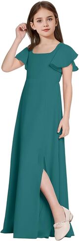 Square Neck Junior Bridesmaid Dresses Girls Formal Chiffon Flower Girl Dress Long Party Gown with Leg Slit in Saudi Arabia